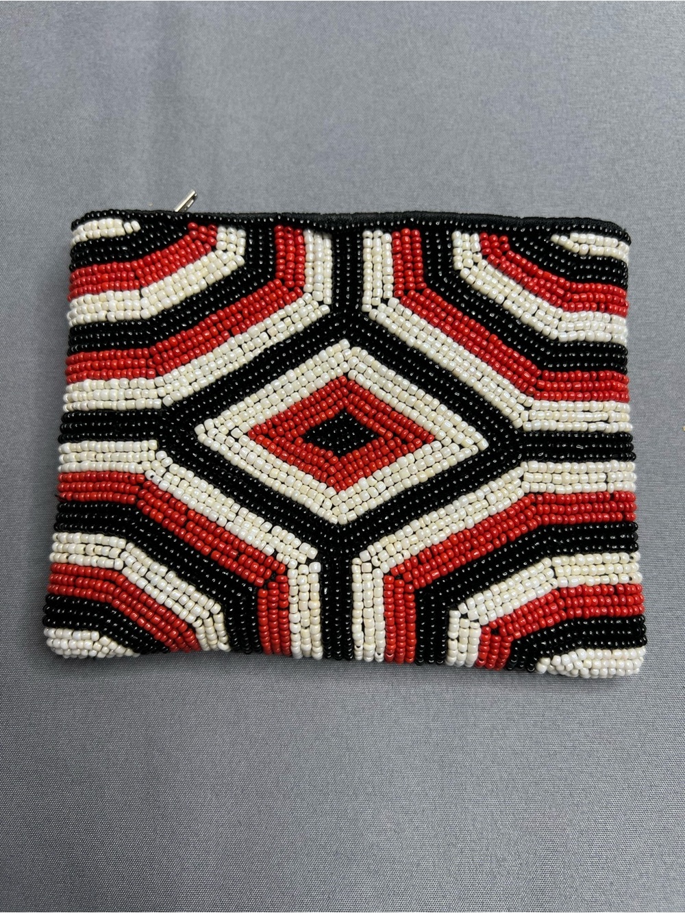 Hand-Beaded Coin Purse | Red Black Cream Geometric | Vintage Boho - Picture 2 of 6